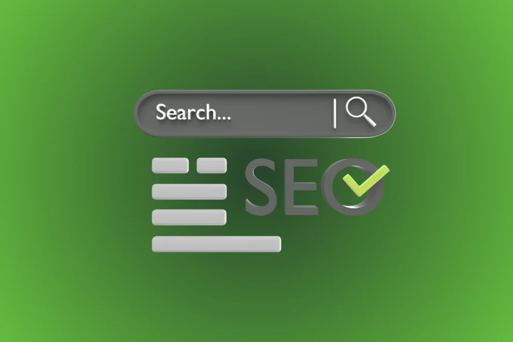 Ilustração conceitual sobre SEO, com barra de busca, lista de resultados e ícone de verificação verde, representando a importância estratégica do blog para marketing e SEO em 2026