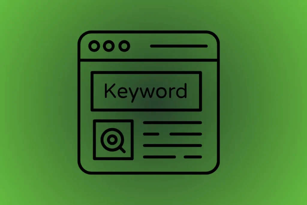 Ilustração de uma página de navegador com o termo “Keyword” em destaque e um ícone de lupa representando busca, sobre um fundo verde em degradê. Representa o conceito de palavra-chave no SEO.