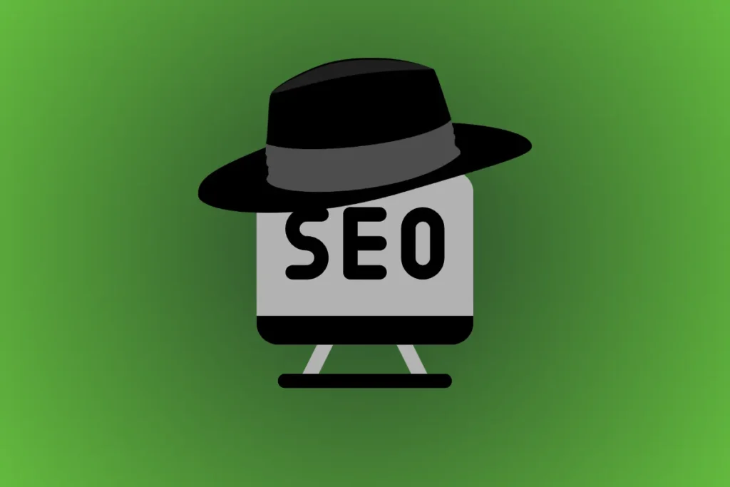 Ilustração de Black Hat SEO com um monitor escrito “SEO” usando um chapéu preto, representando técnicas proibidas de otimização.