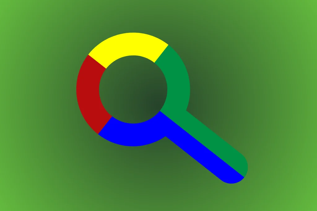 Ilustração de uma lupa nas cores do Google (amarelo, vermelho, azul e verde) sobre fundo verde em degradê, simbolizando busca e posicionamento no Google.