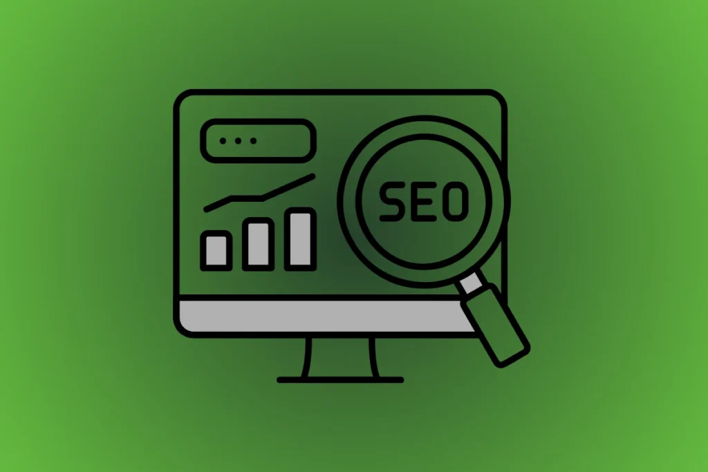 Ilustração com fundo verde representando SEO. Um monitor exibe um gráfico de barras e uma lupa com a palavra “SEO”, simbolizando análise de desempenho e otimização de sites para mecanismos de busca.