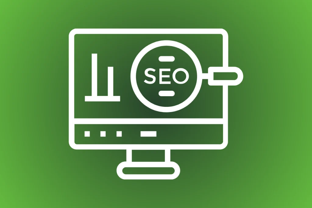 Ícone de monitor com gráficos e uma lupa destacando a sigla SEO, representando consultoria em SEO, o que faz e como ela pode transformar seus resultados online