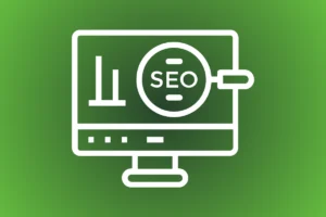 Ícone de monitor com gráficos e uma lupa destacando a sigla SEO, representando consultoria em SEO, o que faz e como ela pode transformar seus resultados online