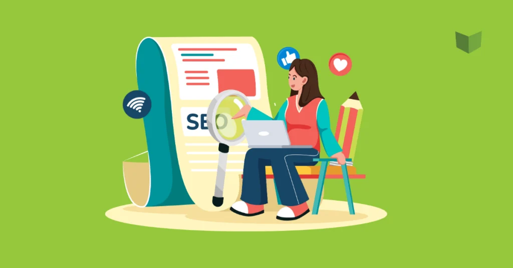 Profissional analisando conteúdo SEO com lupa e notebook, representando a importância do planejamento estratégico de conteúdo para melhorar o ranqueamento e a experiência do usuário. um dos passos fundamentais de uma consultoria em SEO